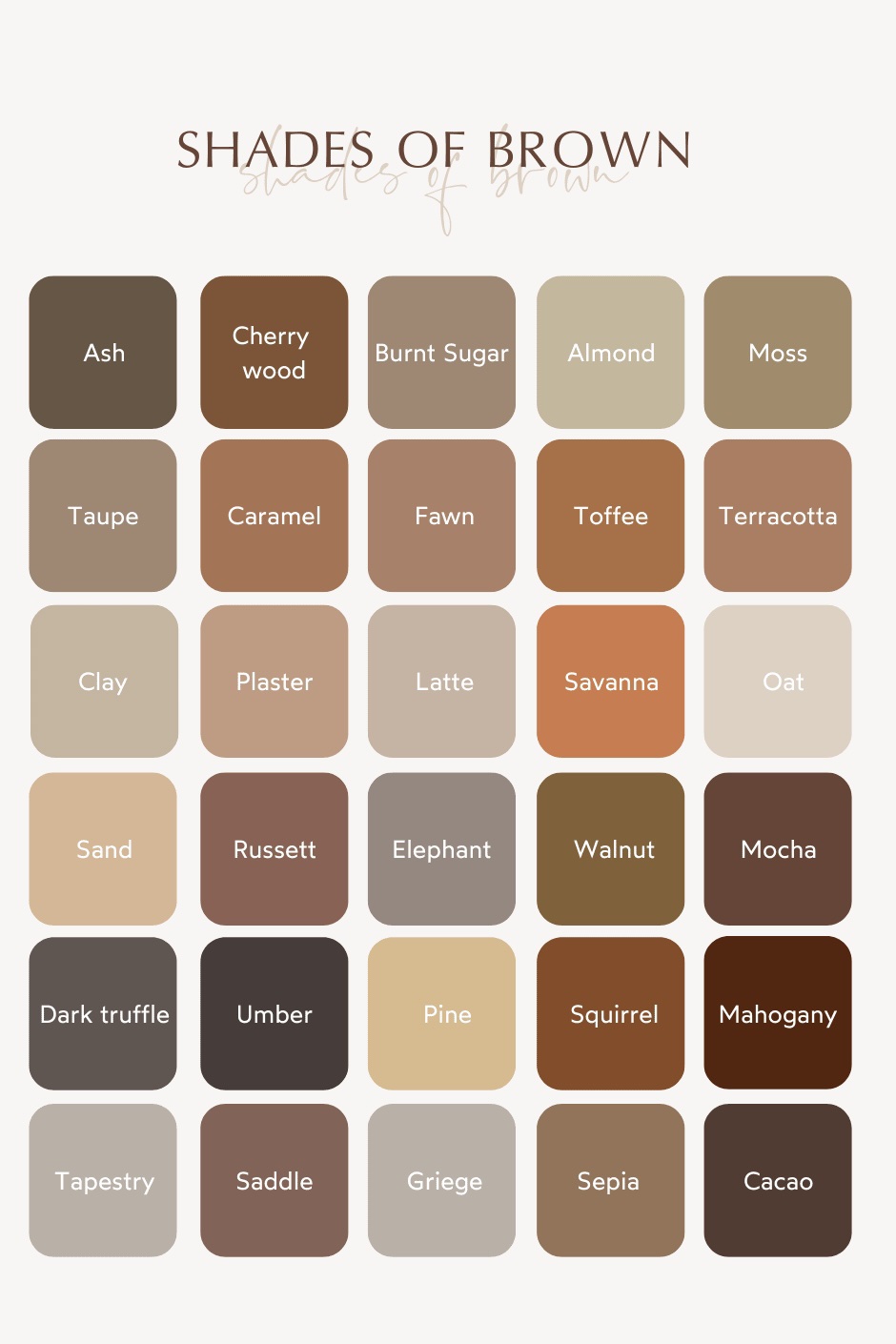 128 Shades of Brown Color With Names, Hex, RGB, CMYK Codes - Color Meanings
